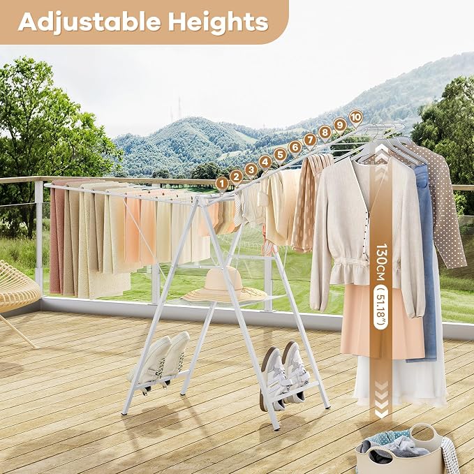 6 Height Adjustable Clothes Drying Rack with Shoe Slots, White | Pre-Assembled, Stable Load Structure, 22 Drying Rails, Foldable Space-Saving For Efficient Indoor & Outdoor Airflow Drying