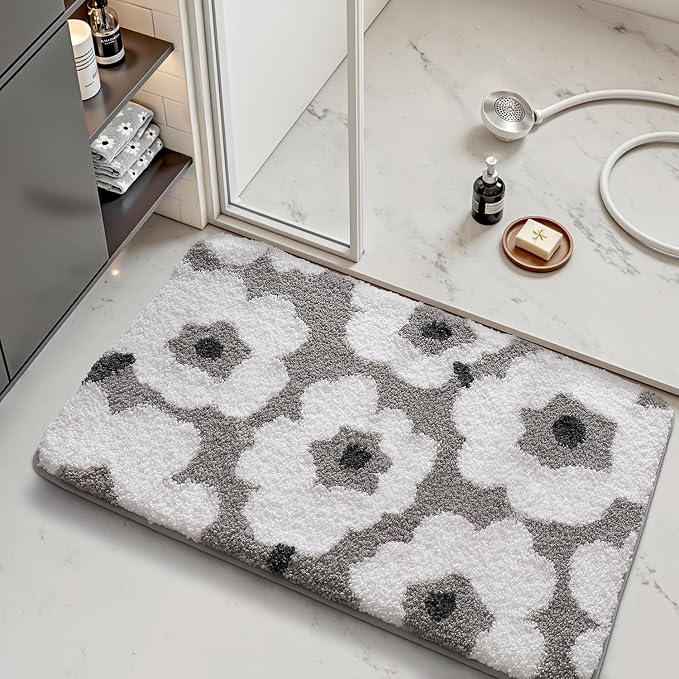 LUMI Bathroom Rugs Cute Floral Design, Soft Absorbent Microfiber Bath Mat Non-Slip, Machine Washable Quick Dry Grey Luxury Rug Flower for Floor, Bathtub, Home Decor, 20"x32"