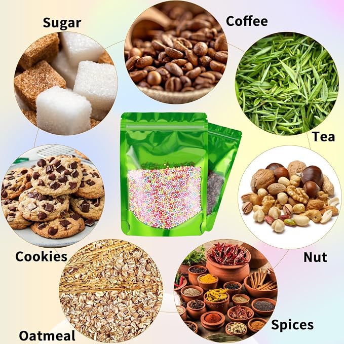 150 Pcs Mylar Bags for Food Storage, 5x8 Mylar Bag with Window Stand Up, Small Holographic Resealable Bags Smell Proof Bag Food Packaging for Small Business Freeze Dried Candy Jewelry Foil Packaging