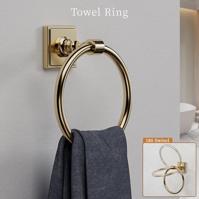 VEHCIL Champagne Gold Bathroom Towel Bar Set, 5 Piece Bathroom Hardware Accessory Set, SUS304 Stainless Steel 24" Towel Rack Holder Set for Bathroom, Wall Mounted