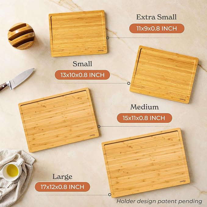 SMIRLY Bamboo Cutting Board - 4 Pack Wood Cutting Board Set with Stand | Non Toxic Wooden Cutting Boards with Juice Grooves and Handles, Multiple Sizes Chopping Board for Meal Prep & Charcuterie