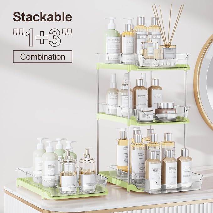 Delamu 2-Tier Multi-Purpose Bathroom Under Sink Organizers and Storage, Stackable Kitchen Pantry Organization, Pull Out Medicine Cabinet Organizer with Movable Dividers, Green, 2 Pack