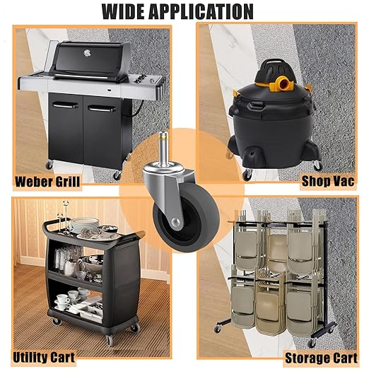RILIDRI 3-Inch Swivel Stem Caster for Rubbermaid Mop Bucket Utility Cart, 7/16-Inch Stem Diameter Rubber Wheel Set of 4, Heavy Duty TPR Weber Grills Shop Vac Replacement Wheels