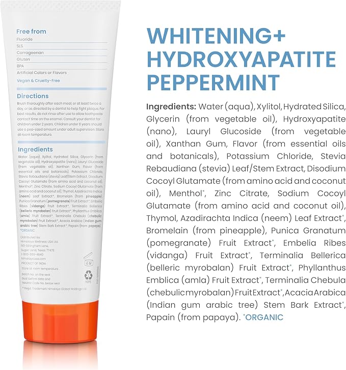 Himalaya Botanique Whitening+ Hydroxyapatite Toothpaste, Peppermint, 4 oz | Nano Hydroxyapatite Toothpaste, Support Enamel Strength & Integrity,Great for Sensitive Teeth, Fluoride Free,SLS Free & Vegan
