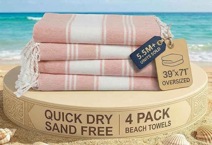 LANE LINEN Beach Towels 4 Pack, Beach Towels Oversized, Soft - Quartz Pink | Pre-Washed Extra Large Beach Towel - Quick Dry, 39"x71", Vacation Essential - Machine Washable, Travel & Camping, Great Gift