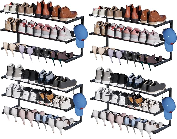 4 Pack Wall Mounted Shoe Rack, 3 Tier Hanging Shoe Rack Holds 48 Pairs, 17"-30"Adjustable Heavy Duty Metal Shoe Organizer Holder with 8 Storage Hooks, Space Saving for Closet Entryway Doorway（Black)