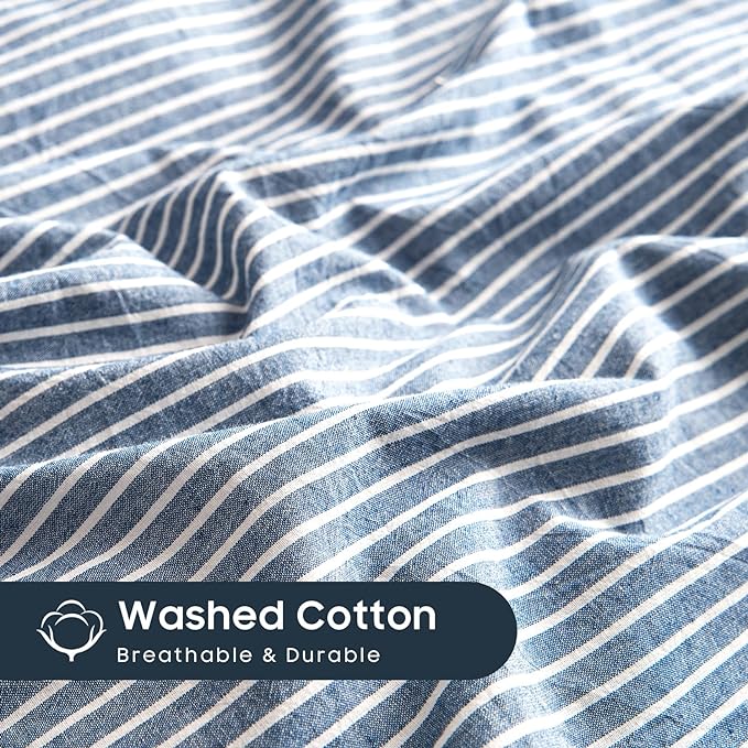 Wake In Cloud - Striped Cotton Duvet Cover Set, 100% Washed Cotton Textured Bedding Set, Ticking Stripe Pinstripe Farmhouse, 3 Pieces, Denim Blue, California King Size
