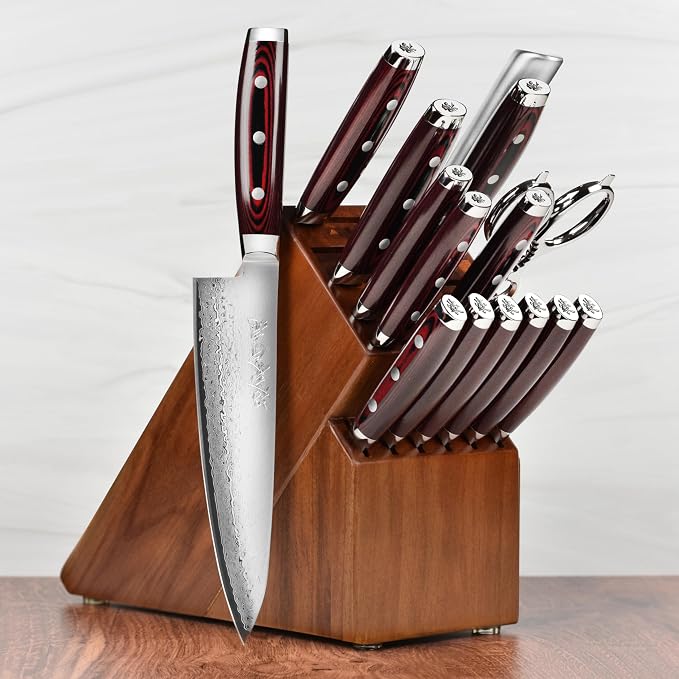 Yaxell Super Gou 16 Piece Knife Set - Made in Japan - 161 Layers SG2 Stainless Damascus, Acacia Block