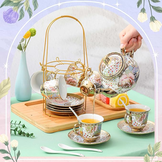 Zhehao 20 Pcs Porcelain Tea Set with Metal Holder and Spoon Adult Ceramic Tea Set European Flower Painting Teapot Cup Saucer Spoon for Women Mom Gift, Large Version (Rustic Style)