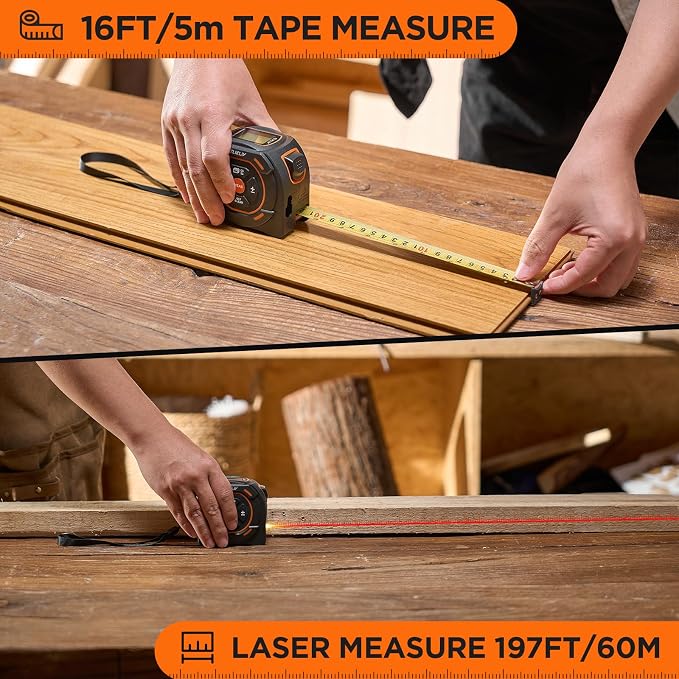 Laser Tape Measure 2-in-1, 197Ft Laser & 16Ft Digital Tape Measure | LCD Display, Pythagorean Mode, Area/Volume Calculation, USB-C Rechargeable, For Woodworking and Construction