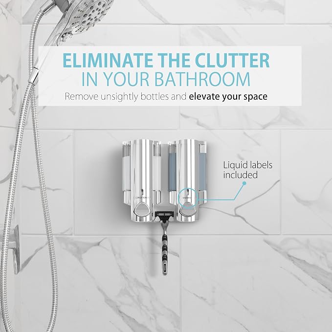 Better Living Products 76245-1 AVIVA Two Chamber Dispenser, Chrome | 2 Chamber, Builet-in Hooks, Flat Wall Installation, No Drill, Shower Soap Pump Dispenser