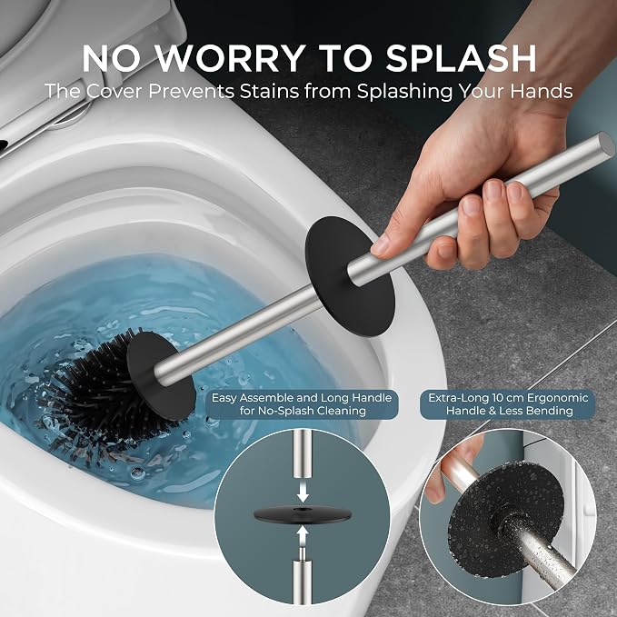 FORIOUS Short Toilet Brush and Holder Set, Heavy Duty 304 Stainless Steel Base Square and Long Handle for Bathroom Deep Cleaning, Space Saving for Storage, 2 Toilet Bowl Brush Head, Brushed Nickel