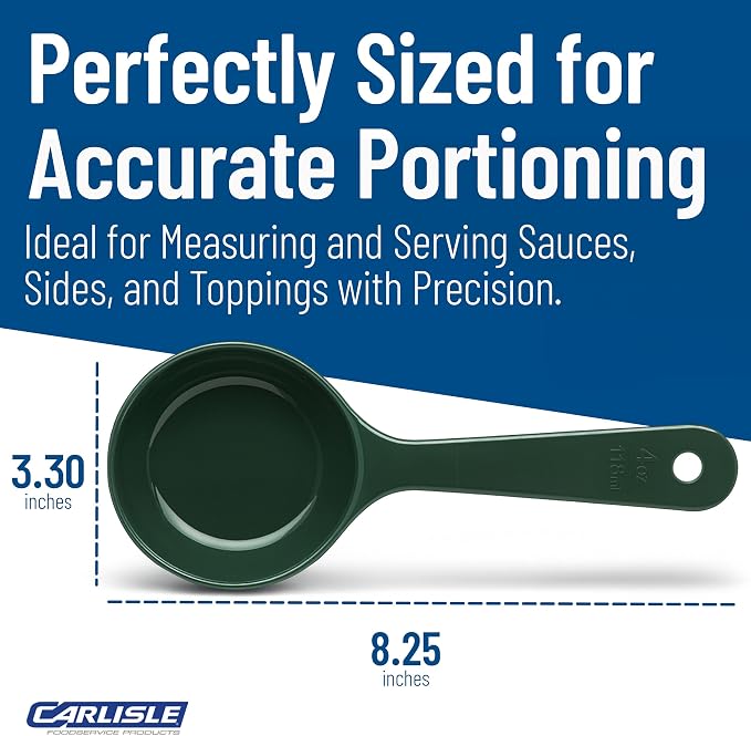 Carlisle FoodService Products 8.25" 4 Ounce Solid Measuring Spoon – Portion Control – Flat Bottom spoon – Short Handle, Dishwasher Compatible, Forest Green, (Pack of 12)