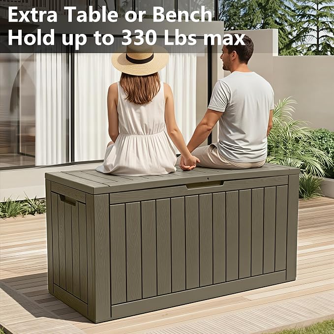 110 Gallon Waterproof Large Resin Deck Box, Lockable Large Outdoor Storage Box Indoor Outdoor Storage Container for Patio Cushions, Gardening Tools, Pool Supplies, Grey