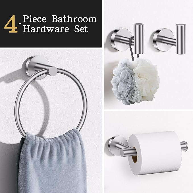 Lairuier Bathroom Hardware Set, 4-pieceTowel Holder Set Include Toilet Paper Holder,Towel Ring and 2 Towel Hooks Stainless Steel Wall Mounted Bathroom Hardware Accessories Set (Brushed Finish)
