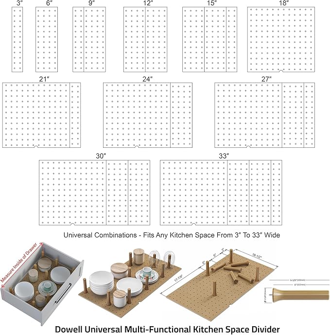 Dowell 4-Piece Wood Pegboard Drawer Divider Organizer Set with 9 Wooden Pegs – Adjustable to Fit Drawers of Various Sizes, Customizable Storage for Pots, Pans, and Plates-4007 3319 9P (33"X18-1/2")
