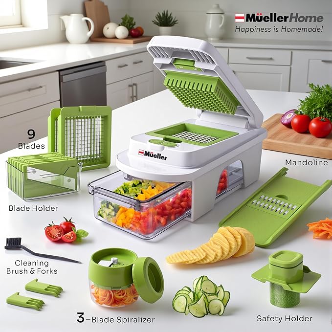 MUELLER HOME Pro-Series All-in-One, 12 Blade Mandoline Slicer for Kitchen, Food Chopper, Cucumber Slicer and Spiralizer, Cutter, Dicer, Grater, Gifts for Mom, Kitchen Essentials, White Sand/Green