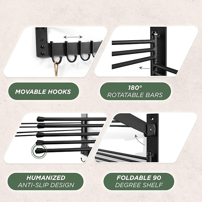 BATODA Wall-Mounted Steel Clothes Drying Rack, Solid Steel, Multi-function | High Quality Alloy Steel with 7-layer Coating, 6 Moveable Hooks + Swing Arms, Multifunctional Drying Rack, Easy to Install