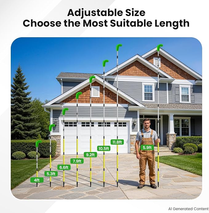 12 FT Gutter Cleaning Tools for Outdoor - Gutter Cleaner Pole with Shovel & Brush for Roof Rain Gutters, Cleans Leaves, Branches & Debris - No Ladder Needed (Green)