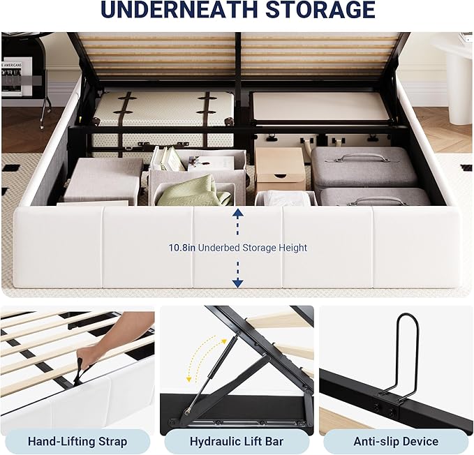 Allewie Queen Size Velvet Lift Up Hydrualic Storage Bed Frame, White | Vertical Channel Tufted Headboard, Hydrualic Underneath Storage, Upholstered Platform Bed, No Box Spring Needed