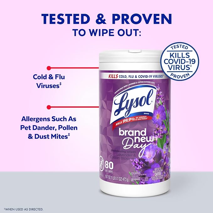 LYSOL Disinfecting Wipes, All Purpose Cleaner, Multi-Surface Antibacterial Cleaning Wipes, Household Cleaning Supplies, Dorm Essentials, Lavender & Cotton Blossom Scent, 80 ct.