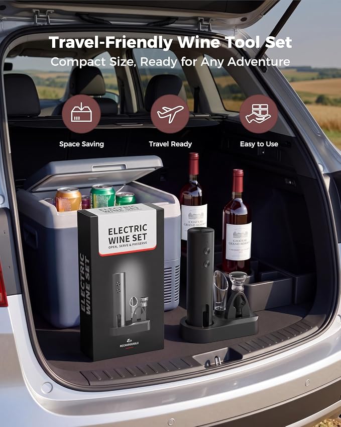 Rechargeable 5-in-1 Electric Wine Opener Set, Cordless Automatic Wine Bottle Opener with Foil Cutter, Aerator Pourer, Vacuum Stopper & Storage Base, Ideal for Home Bar, Party, Wedding Gifts
