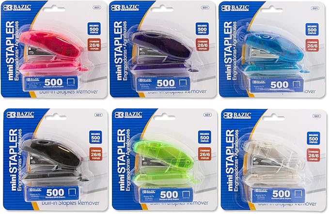 BAZIC Products Mini Stapler, Standard 26/6, with 500 Staples, 24-Box | 500 standard 26/6 staples for fast paper fastening at the desk, classroom, home office
