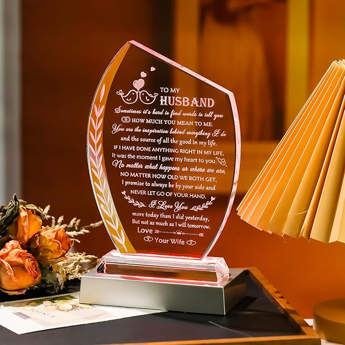 Best Birthday Gifts for Husband from Wife Unique Glass Plaque, Wedding Anniversary Meaningful Present To My Husband with Colorful Led Base for Christmas Valentines Fathers Day