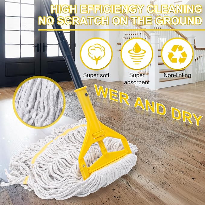 Commercial Mop with 3 Extra Large Replacement Heads,59" Long Handle Heavy Duty Industrial Mops for Floor Cleaning,Looped-End String Wet Cotton Mop for Home,Kitchen,Office,Garage,Concrete/Tile Floor