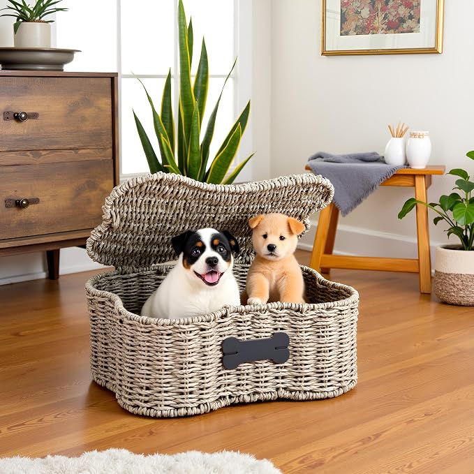 Morezi Personalized Dog Toy Basket bin Box with lid Bone Shape Designed Great for organizing pet Dogs Cats chew Toys leashes Clothing in Living Room Area playroom Closet Shelf Gift Basket