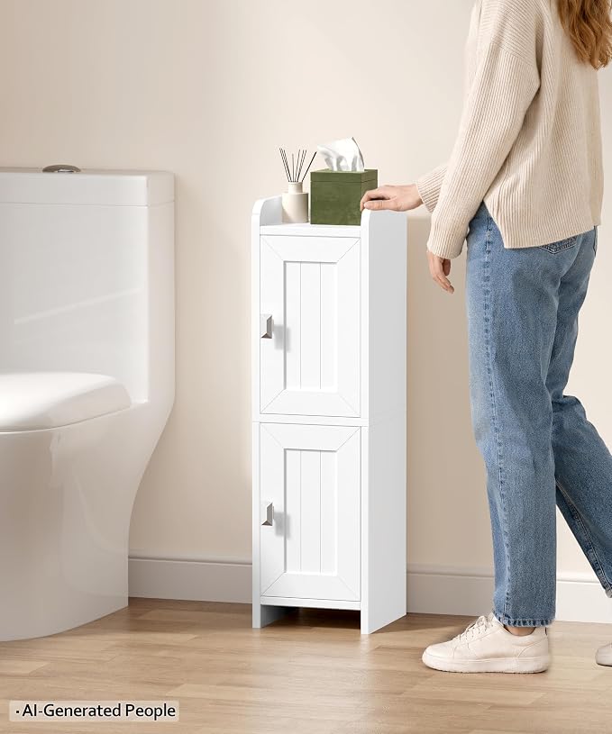 Akxomel Small Bathroom Cabinet Narrow Toilet Paper Organizer White | 7.9''D x 7.9''W Bathroom Organizer and Storage Cabinet for Small Space, Slim Corner Unit with Adjustable Shelf