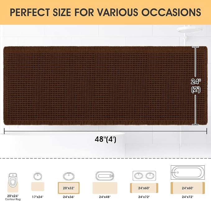 IM HOME Waffle Bath Mat Brown 4'x2', Boho Woven Modern Bath Mat Rugs, Absorbent Non Slip Bathroom Rugs, Soft Washable Bath Rugs with Tassels for Bathroom, Bedroom, Kitchen, Shower, Tub