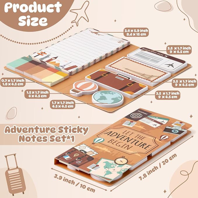 Xqumoi Let The Adventure Begin Sticky Notes Set - 550 Sheets - Travel Themed Self-Stick Notes Pads Divider Tabs Bundle Writing Memo Pads Journaling Planners Office Supplies Small Gift