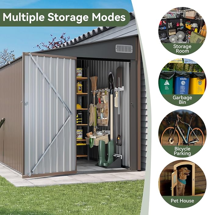 Aoxun 8x6 FT Lean to Shed Outdoor Storage Shed, Brown | Lockable Doors & Slooping Roof, Metal Garden Tool Shed for Backyard, Bike Shed for Patio, Poolside