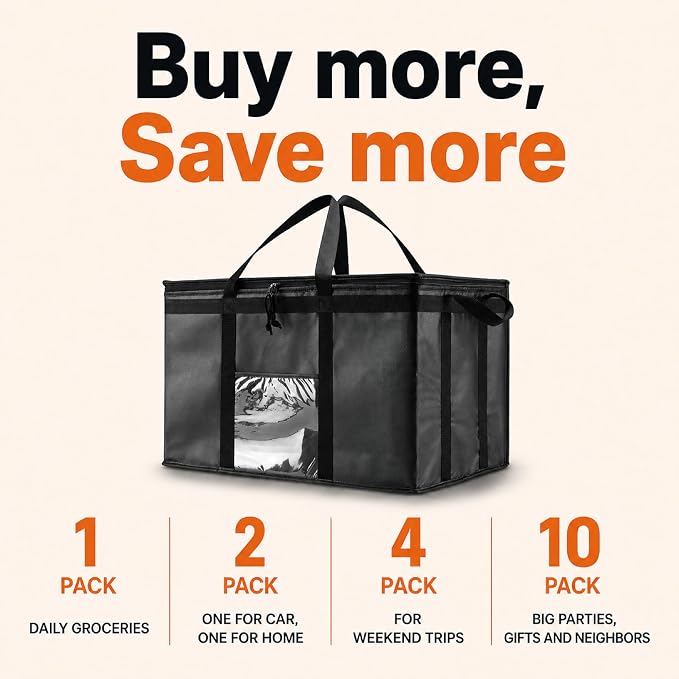 Insulated Food Bag, Portable Cooler Tote (XL Plus, Orange, 2 Pack) | Large thermal bag, For cold & hot food, Soft sided cooler, Heavy duty carrier, Grocery shopping, Food delivery, Catering bag