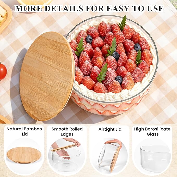 LOVYANXUE Glass Trifle Bowl with Bamboo Lid, 197 oz Large Glass Salad Bowl - Versatile Mixing and Serving Dish for Cake, Salad, Fruit, Baking, Dessert, Meal Prep, Storing, Microwave & Oven Safe
