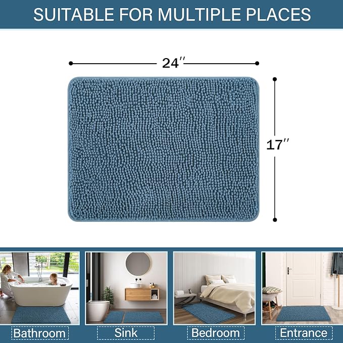 LOCHAS Luxury Bathroom Rug Shaggy Bath Mat 24 x 17 Inch, Denim Blue | Washable Non Slip Bath Rugs for Bathroom Shower, Soft Plush Chenille Absorbent Carpets