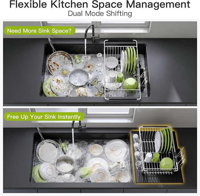 JASIWAY in Sink Dish Drying Rack with Mat, Cups and Utensil Holder | Use Over the Sink or Counter, Stainless Steel Expandable Dish Drainer for Small Kitchen, Space Saving, Fast Drain, Rustproof