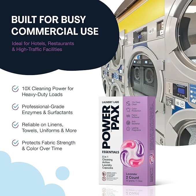 PowerPax 5-in-1 Commercial Laundry Detergent Capsules for Vending Machine, Lavender, 100 Count in 2 Packs – Stain Remover, Odor Eliminator, Color Booster, Fabric Softener for Coin Vend Laundromat Use
