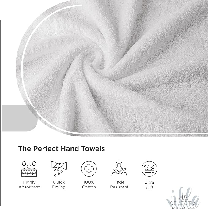 Villa Celestia Cotton Hand Towels Set of 4, 16 x 28, Oeko-TEX Certified, Quick Dry, White