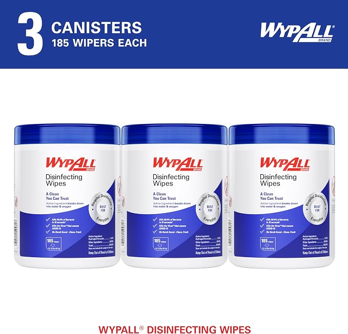 WypAll® Brand Disinfecting Wipes (54481), Hydrogen Peroxide Disinfectant Cleaner for Commercial, Industrial & Healthcare, 5.75"x7" Wipes, Fresh Scent (3 Canisters of 185 Sheets)
