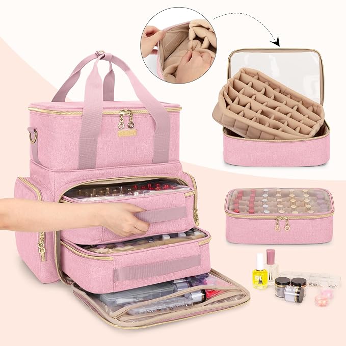 BAFASO Double Layer Nail Polish Organizer Holds 70 Bottles (15ml - 0.5 fl.oz) and a Nail Dryer, Nail Polish Case with 2 Removable Pouches and Tools Storage Sections (Patented), Pink