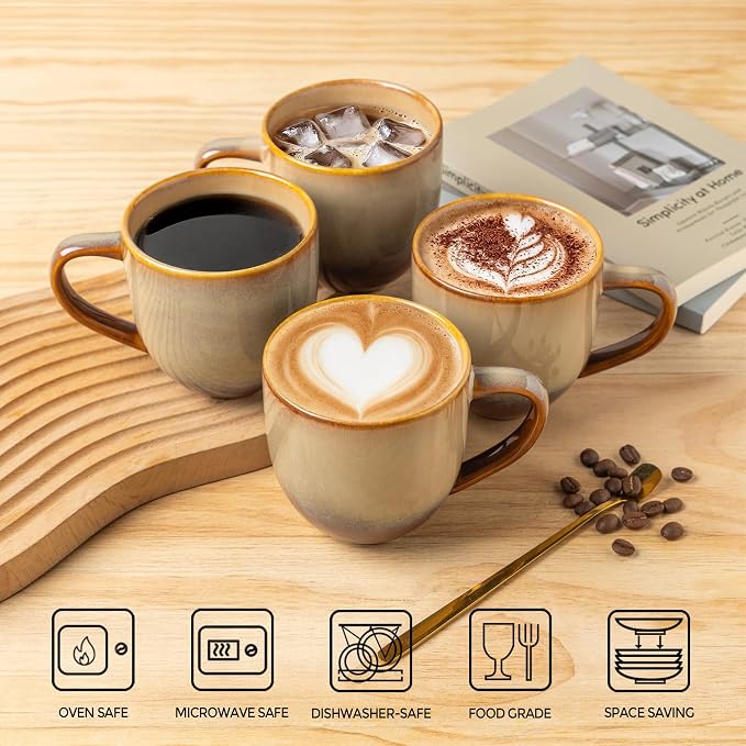 theterra Ceramic Coffee Mugs Set of 6, 12oz Handmade Coffee Cups with Handle for Latte, Tea, Milk, Beer, Hot Cocoa, Creamy Amber