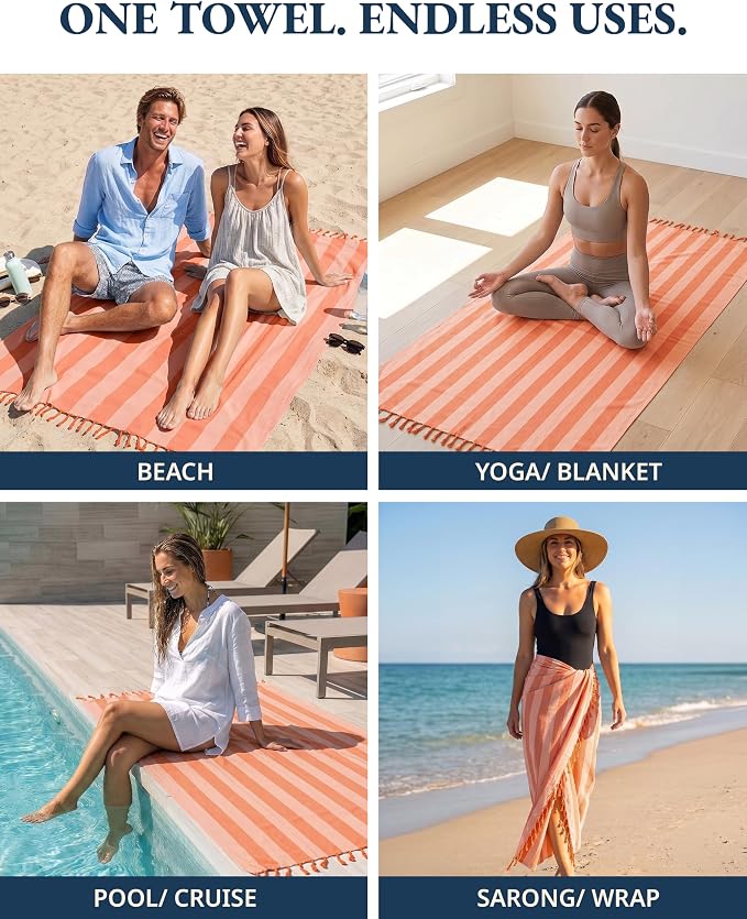 LANE LINEN 6 Pack Beach Towel Set, Oversized, 39"x71" - Summer Trio | Classic Cabana Stripe - Compact & Vacuum-Packed - Long-Lasting & Fresh - Super Soft, Cotton-Rich Feel - Absorbent