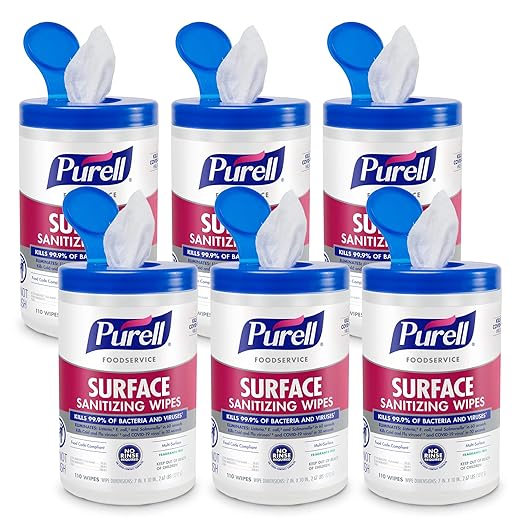PURELL Foodservice Surface Sanitizing Wipes, Fragrance Free, 110 Count Canister, 7"x 10" Wipes (Pack of 6) - 9341-06