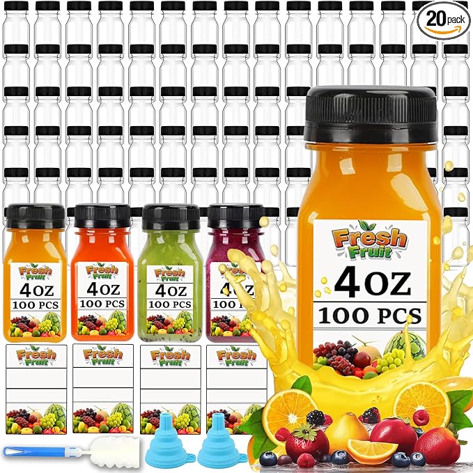 20PCS 4OZ Mini Plastic Juice Bottles with Caps, Clear Shot Bottles Reusable Containers with Labels, Funnel and Brush，Suitable for Juice Milk, Tea, Drinking, Smoothie Other Beverages (20, 4, ounces)