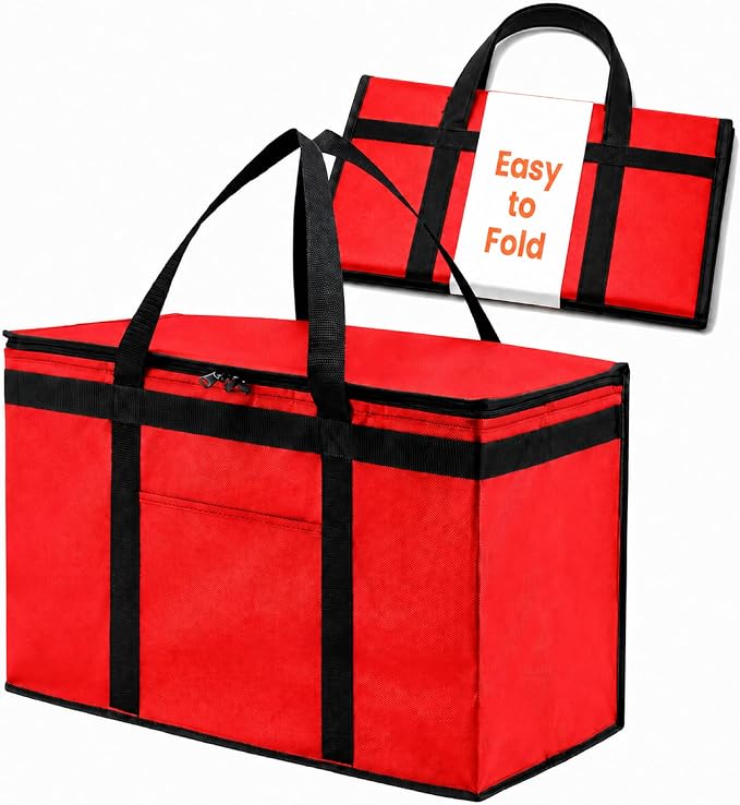 Insulated Food Bag, Portable Cooler Tote (2XL, Red, 1 Pack) | Large thermal bag, For cold & hot food, Soft sided cooler, Heavy duty carrier, Grocery shopping, Food delivery, Catering bag