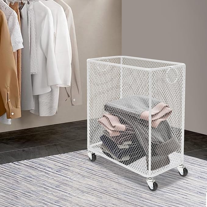 Rolling Laundry Hamper with Wheels Metal Wire Laundry Basket Cart Heavy Duty Clothes Toy Sundries Storage Organize Hamper Bin for Living Room Bathroom Closet Bedroom (White, Rectangle)