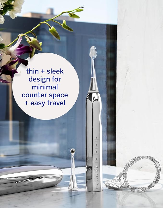 Supersmile Zina45™ Deluxe Sonic Pulse Toothbrush – Rechargeable Electric Brush with Angled Head & Travel Case – for Whiter Teeth and Healthier Gums, Silver