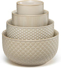 KooK Ceramic Mixing Bowls, Nesting Set of 4, Embossed Kitchen Dishware, Prep, Serving, Gift, Microwave and Dishwasher Safe, 20/44/98/145 oz, Narbonne Collection (Almond)